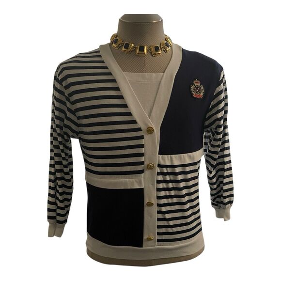 Vintage Nautical Cotton Knit Top Women's 14 Cruise Stripes Navy White Vacation - Picture 1 of 16